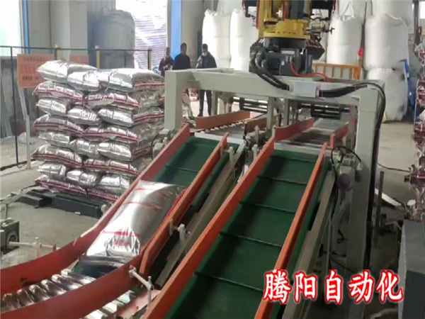 化肥碼垛機(jī)器人一臺機(jī)器負(fù)責(zé)雙線碼垛工作